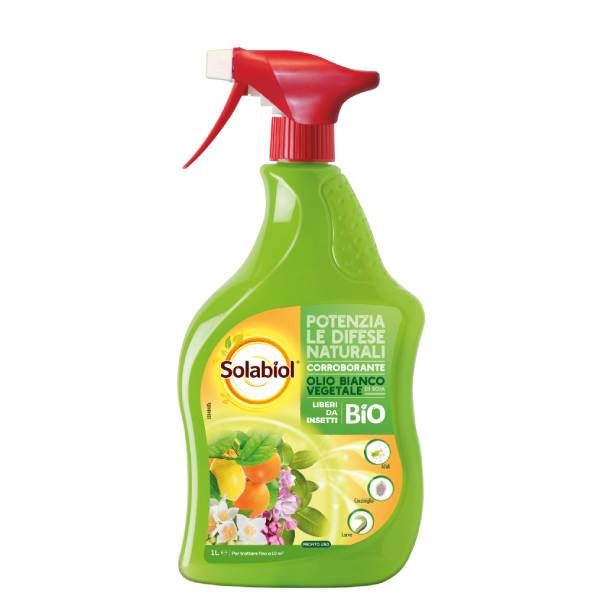 Flacone spray Olio Bianco Vegetale Pronto Uso Solabiol 1 lt a base di olio di soia per la difesa biologica da cocciniglie e parassiti.