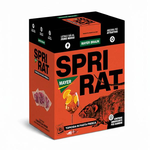 Confezione professionale da 1,5 kg di SPRIRAT Tris Pasta Spritz Mayer Braun, esca rodenticida in pasta all'aroma di arancia e spritz per derattizzazione urbana.
