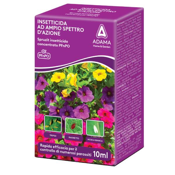 Flacone di insetticida biologico concentrato Spruzit 10 ml Adama per la protezione di piante ornamentali e fiori.