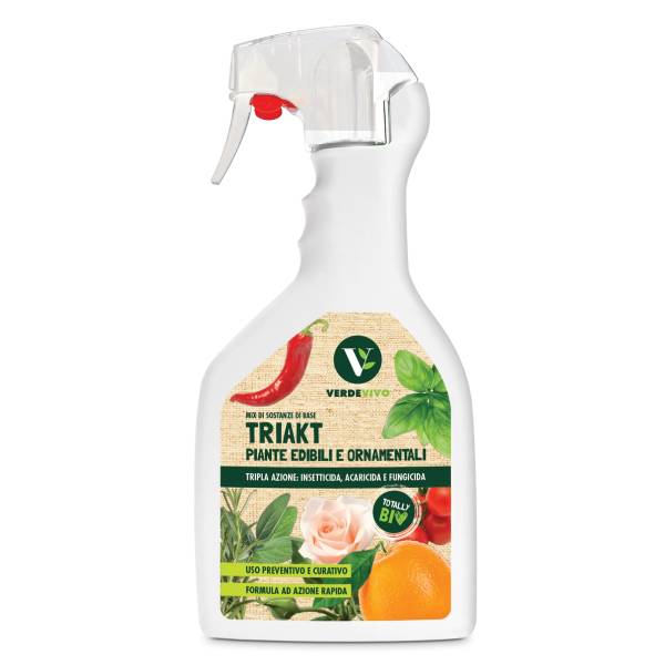 Flacone spray 750ml TRIAKT Verde Vivo pronto all'uso, trattamento biologico completo per orto e giardino.