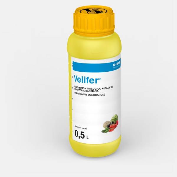 Flacone di Velifer BASF da 500 ml, insetticida biologico a base di Beauveria bassiana per il controllo di tripidi e mosche bianche.
