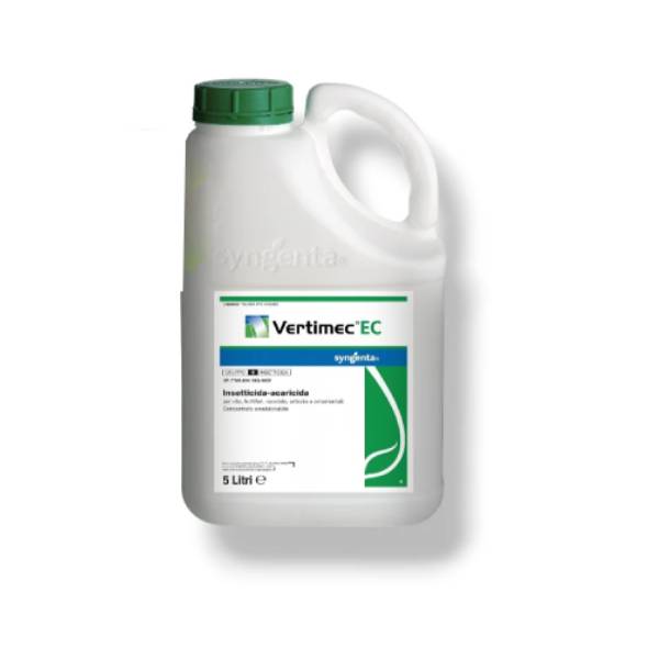 Flacone di VERTIMEC EC 5 lt Syngenta, insetticida acaricida professionale per il controllo di ragnetto rosso e minatrici fogliari.