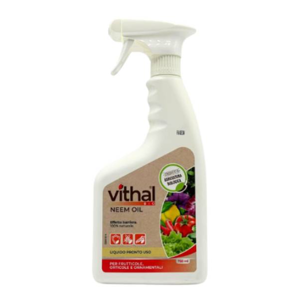 Confezione spray 750ml Olio di Neem Vithal Bio pronto all'uso per protezione naturale piante ornamentali e orto.