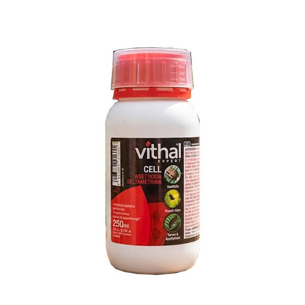 Flacone di insetticida Vithal Expert Cell 250 ml: formulato a base di deltametrina pura per il controllo rapido di insetti masticatori e succhiatori.