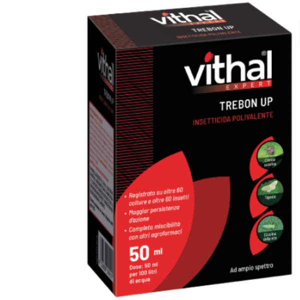 Flacone Vithal Expert Trebon Up da 50 ml, insetticida ad ampio spettro per la protezione di colture orticole, frutticole e ornamentali.