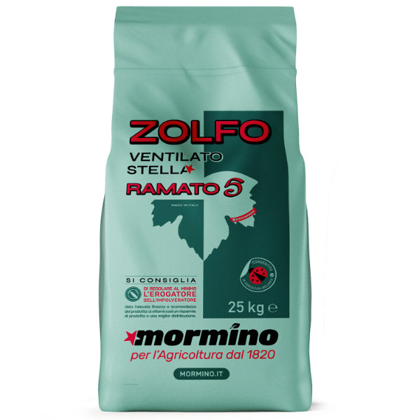 Confezione di Zolfo Ventilato Ramato S Mormino, concime correttivo per terreno consentito in agricoltura biologica.