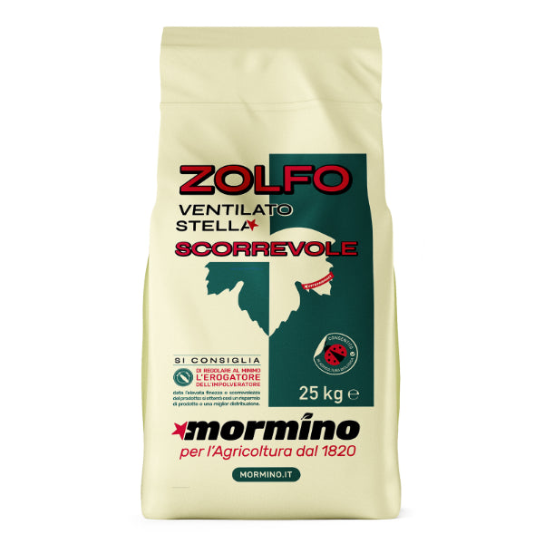 Confezione di Zolfo Ventilato Mormino da 25 kg per uso agricolo e difesa antioidica.