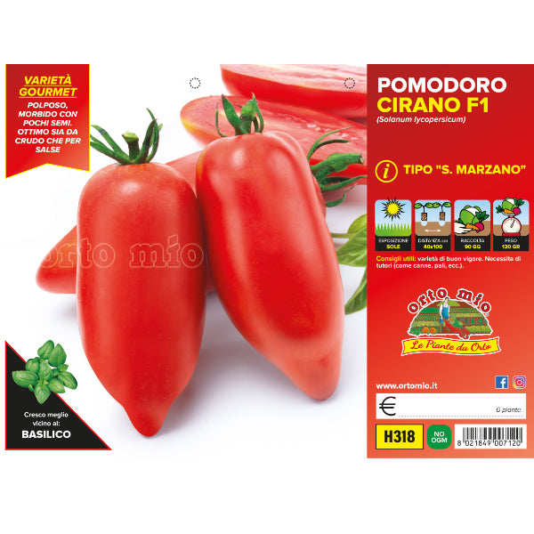 Etichetta tecnica Orto Mio della piantina di Pomodoro San Marzano Cirano F1  che ne certifica la varietà professionale.