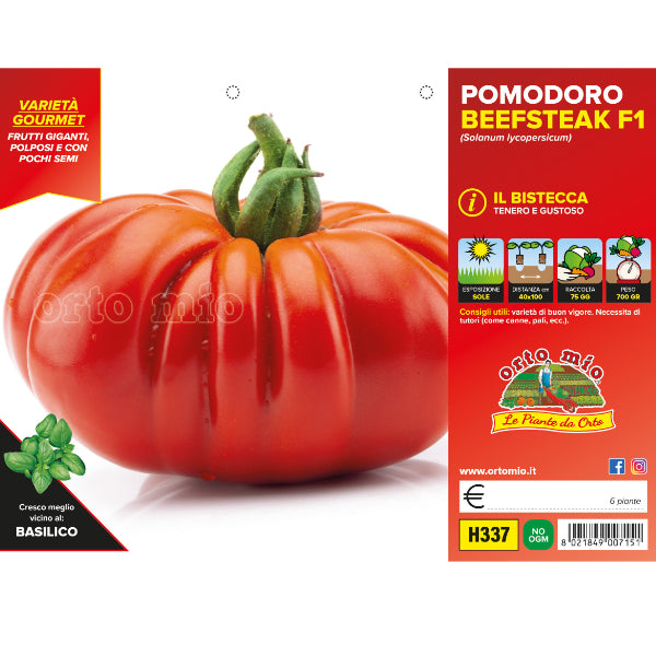 Etichetta tecnica Orto Mio della piantina di Pomodoro Beefsteak F1  che ne certifica la varietà professionale.