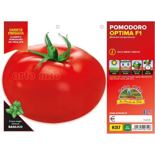 Etichetta tecnica Orto Mio della varietà di pomodoro Optima F1 che ne certifica la varietà professionale.
