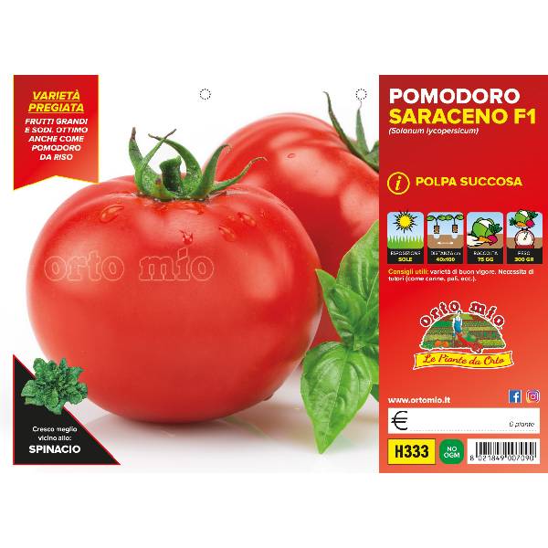 Etichetta tecnica Orto Mio della piantina di Pomodoro Tondo Saraceno F1   che ne certifica la varietà professionale.